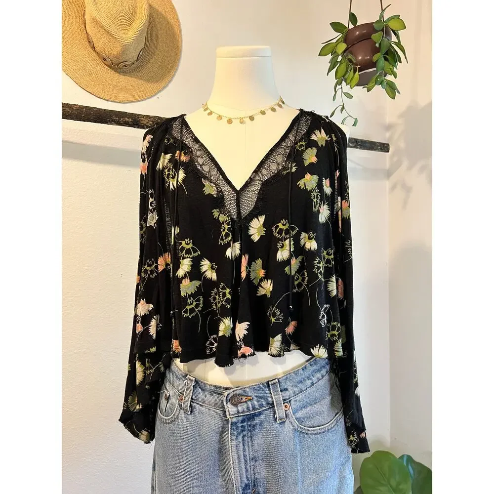 Free People Sleeveless Black Floral Print Tassel Oversized Tank Top Size XS